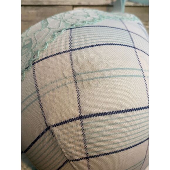 Lane Bryant Cacique light blue plaid print boost plunge underwire bra 44DD - Picture 3 of 7